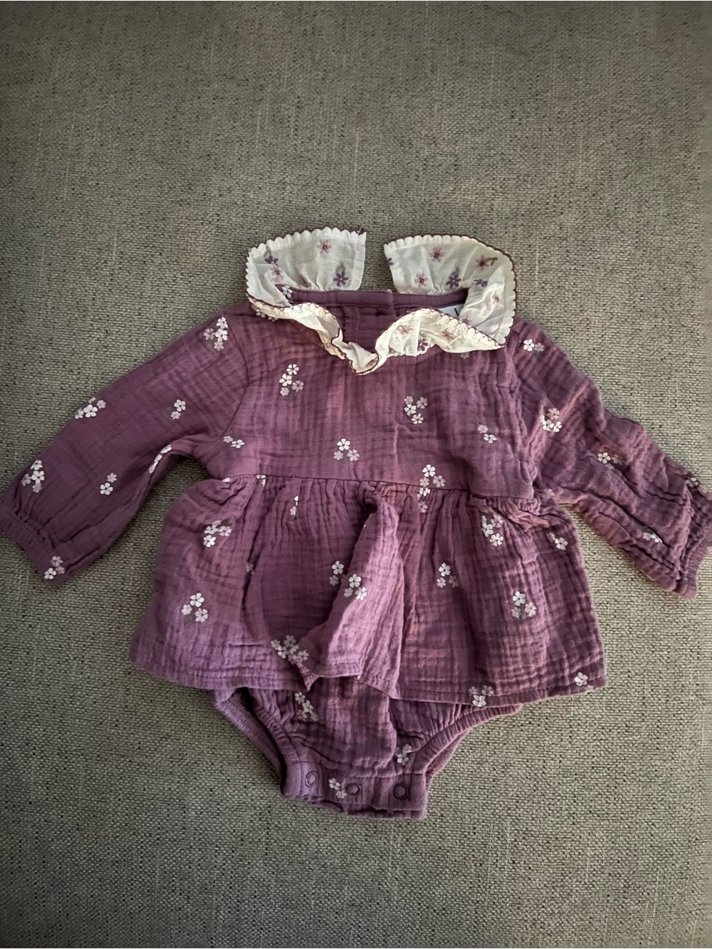 100% cotton Nicole Miller Plum Floral Ruffle-Collar Dress Bodysuit